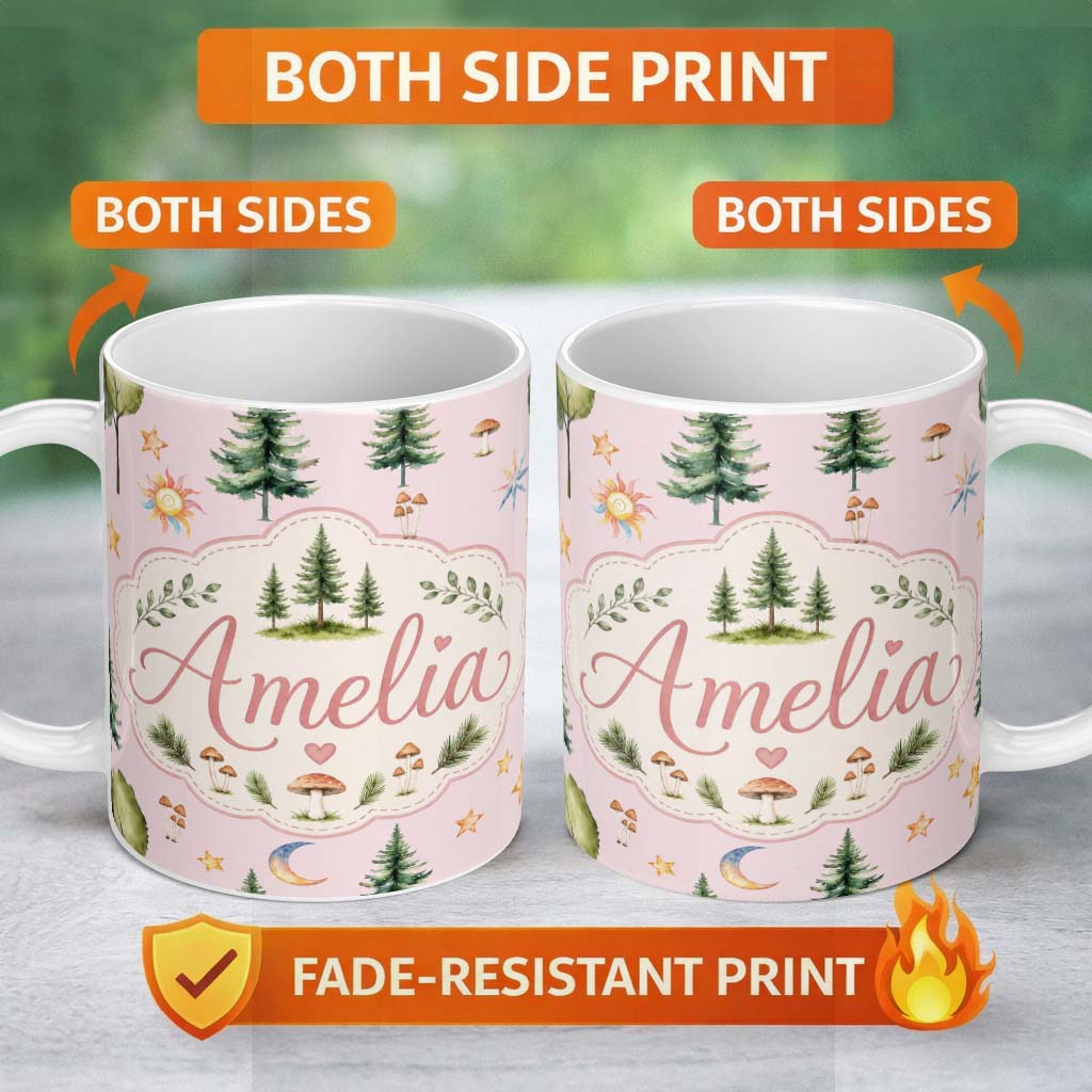 Personalized Custom Name Watercolor Forest Trees Mushrooms Sun Moon Stars on Blush Pink 11oz Ceramic Coffee Tea Mug White Large Handle