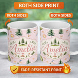 Personalized Custom Name Watercolor Forest Trees Mushrooms Sun Moon Stars on Blush Pink 11oz Ceramic Coffee Tea Mug White Large Handle