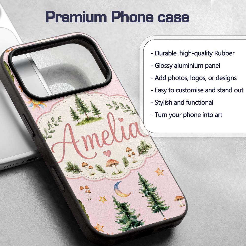 Watercolor Forest Trees Mushrooms Sun Moon Stars Custom Name Protective Phone Case Mobile Cover Durable Everyday Smartphone Shock Resistant