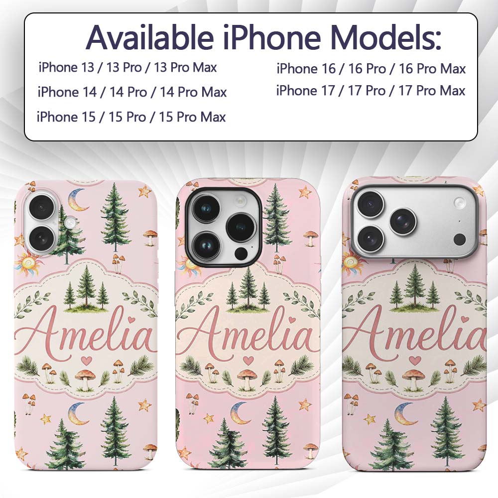 Watercolor Forest Trees Mushrooms Sun Moon Stars Custom Name Protective Phone Case Mobile Cover Durable Everyday Smartphone Shock Resistant