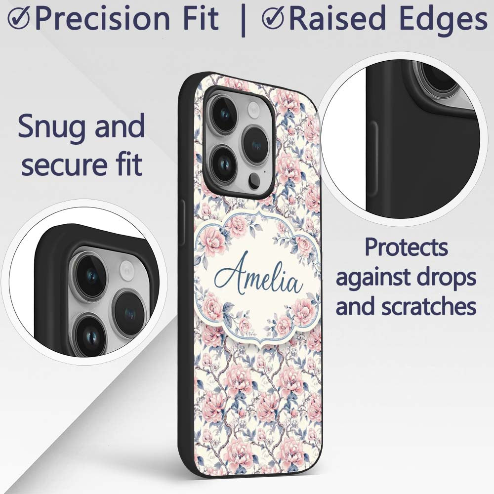 Vintage Pink Peony Floral Branch Seamless Pattern Custom Name Protective Phone Case Mobile Cover Durable Everyday Smartphone Shock Resistant