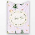 Watercolor Forest Trees Mushrooms Sun Moon Stars on Soft Lilac  Personalised Custom Name Super Soft Fleece Blanket Bed Sofa Throw