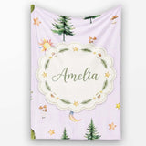 Watercolor Forest Trees Mushrooms Sun Moon Stars on Soft Lilac  Personalised Custom Name Super Soft Fleece Blanket Bed Sofa Throw