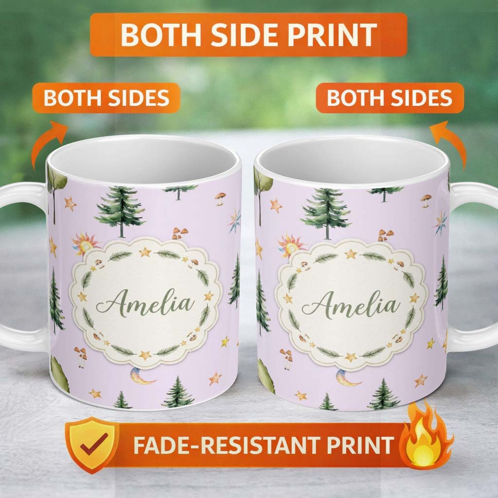 Personalized Custom Name Watercolor Forest Trees Mushrooms Sun Moon Stars on Soft Lilac 11oz Ceramic Coffee Tea Mug White Large Handle