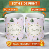 Personalized Custom Name Watercolor Forest Trees Mushrooms Sun Moon Stars on Soft Lilac 11oz Ceramic Coffee Tea Mug White Large Handle