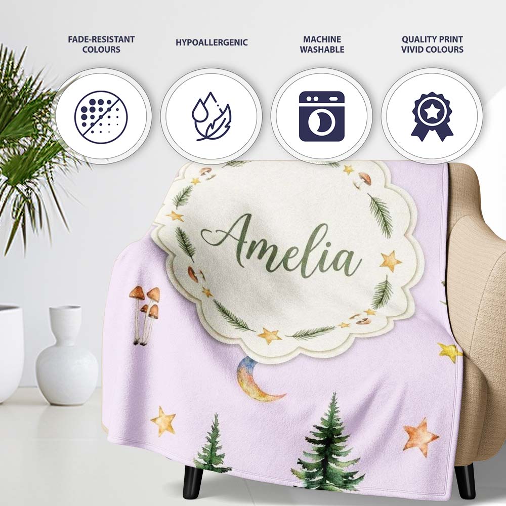 Watercolor Forest Trees Mushrooms Sun Moon Stars on Soft Lilac  Personalised Custom Name Super Soft Fleece Blanket Bed Sofa Throw
