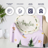 Watercolor Forest Trees Mushrooms Sun Moon Stars on Soft Lilac  Personalised Custom Name Super Soft Fleece Blanket Bed Sofa Throw