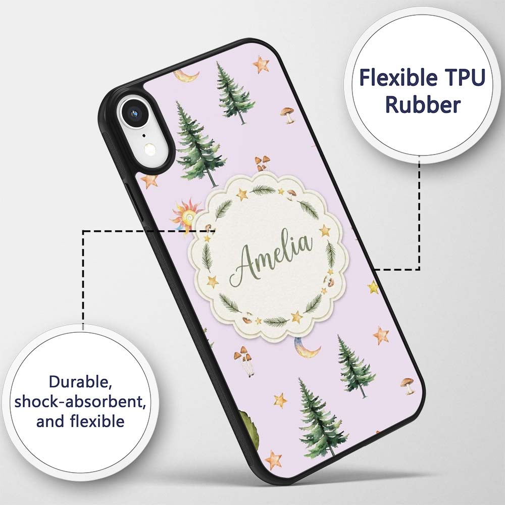 Watercolor Forest Trees Mushrooms Sun Moon Stars Custom Name Protective Phone Case Mobile Cover Durable Everyday Smartphone Shock Resistant