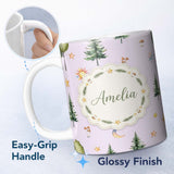 Personalized Custom Name Watercolor Forest Trees Mushrooms Sun Moon Stars on Soft Lilac 11oz Ceramic Coffee Tea Mug White Large Handle