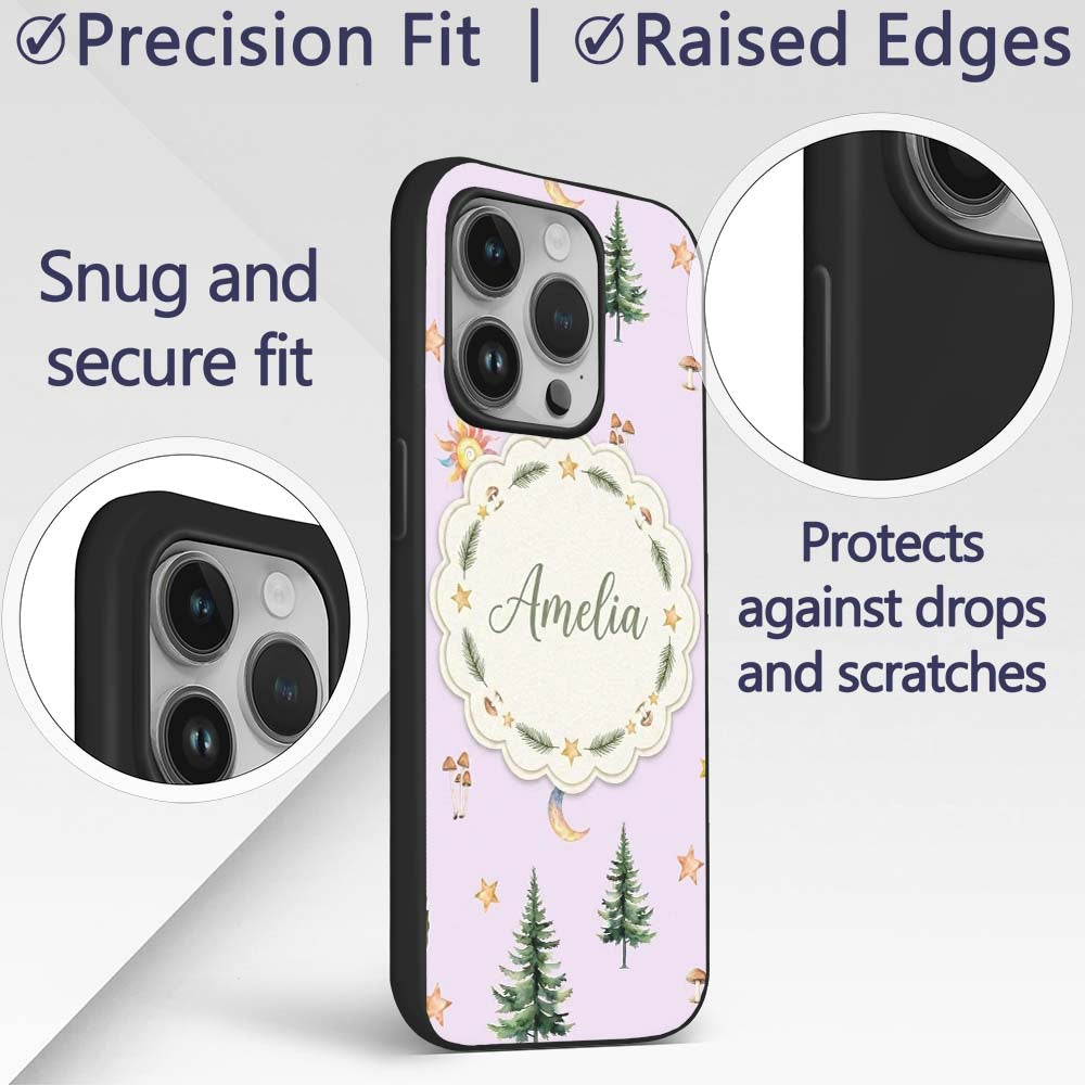 Watercolor Forest Trees Mushrooms Sun Moon Stars Custom Name Protective Phone Case Mobile Cover Durable Everyday Smartphone Shock Resistant