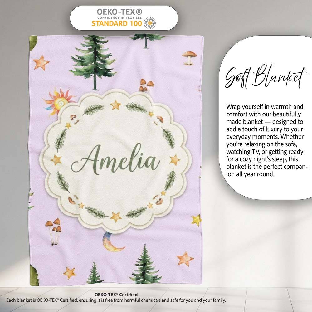 Watercolor Forest Trees Mushrooms Sun Moon Stars on Soft Lilac  Personalised Custom Name Super Soft Fleece Blanket Bed Sofa Throw