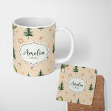 Personalized Custom Name Watercolor Forest Trees Mushrooms Sun Moon Stars on Warm Beige 11oz Ceramic Coffee Tea Mug White Large Handle