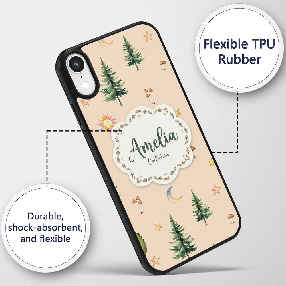 Watercolor Forest Trees Mushrooms Sun Moon Stars Custom Name Protective Phone Case Mobile Cover Durable Everyday Smartphone Shock Resistant