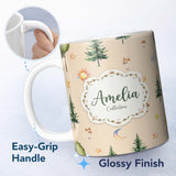 Personalized Custom Name Watercolor Forest Trees Mushrooms Sun Moon Stars on Warm Beige 11oz Ceramic Coffee Tea Mug White Large Handle