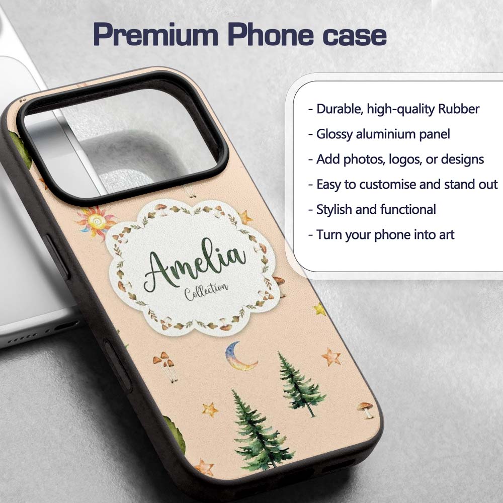 Watercolor Forest Trees Mushrooms Sun Moon Stars Custom Name Protective Phone Case Mobile Cover Durable Everyday Smartphone Shock Resistant