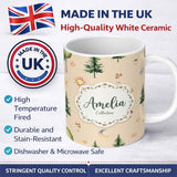 Personalized Custom Name Watercolor Forest Trees Mushrooms Sun Moon Stars on Warm Beige 11oz Ceramic Coffee Tea Mug White Large Handle