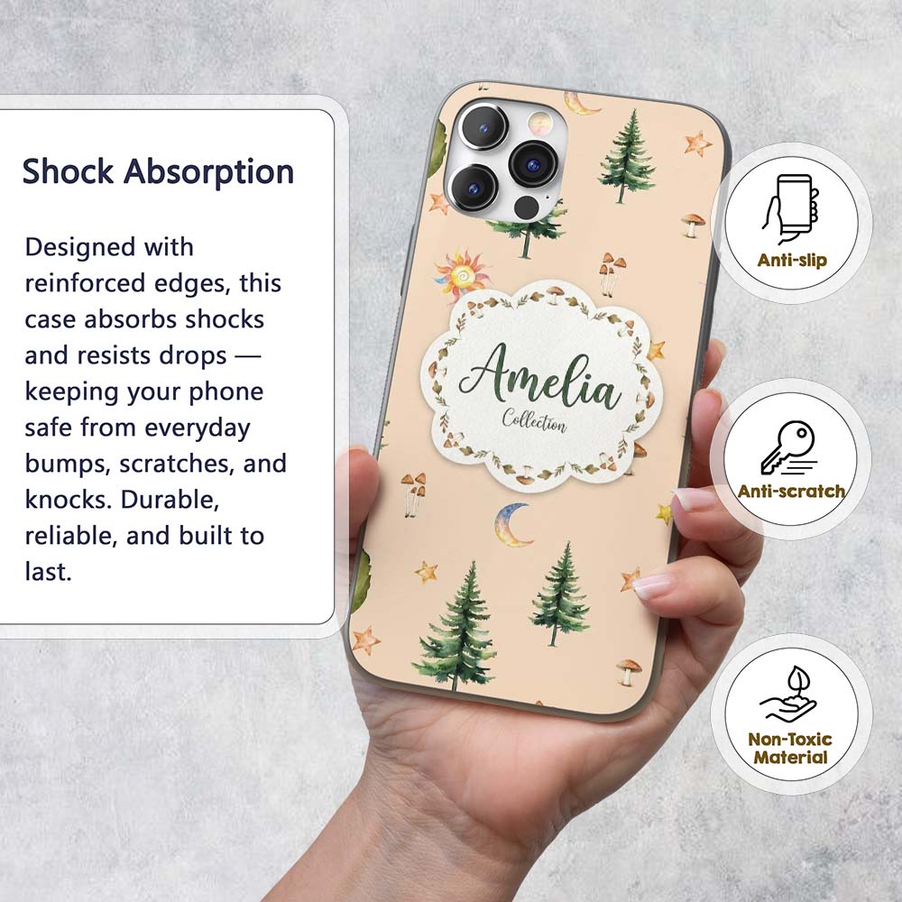 Watercolor Forest Trees Mushrooms Sun Moon Stars Custom Name Protective Phone Case Mobile Cover Durable Everyday Smartphone Shock Resistant