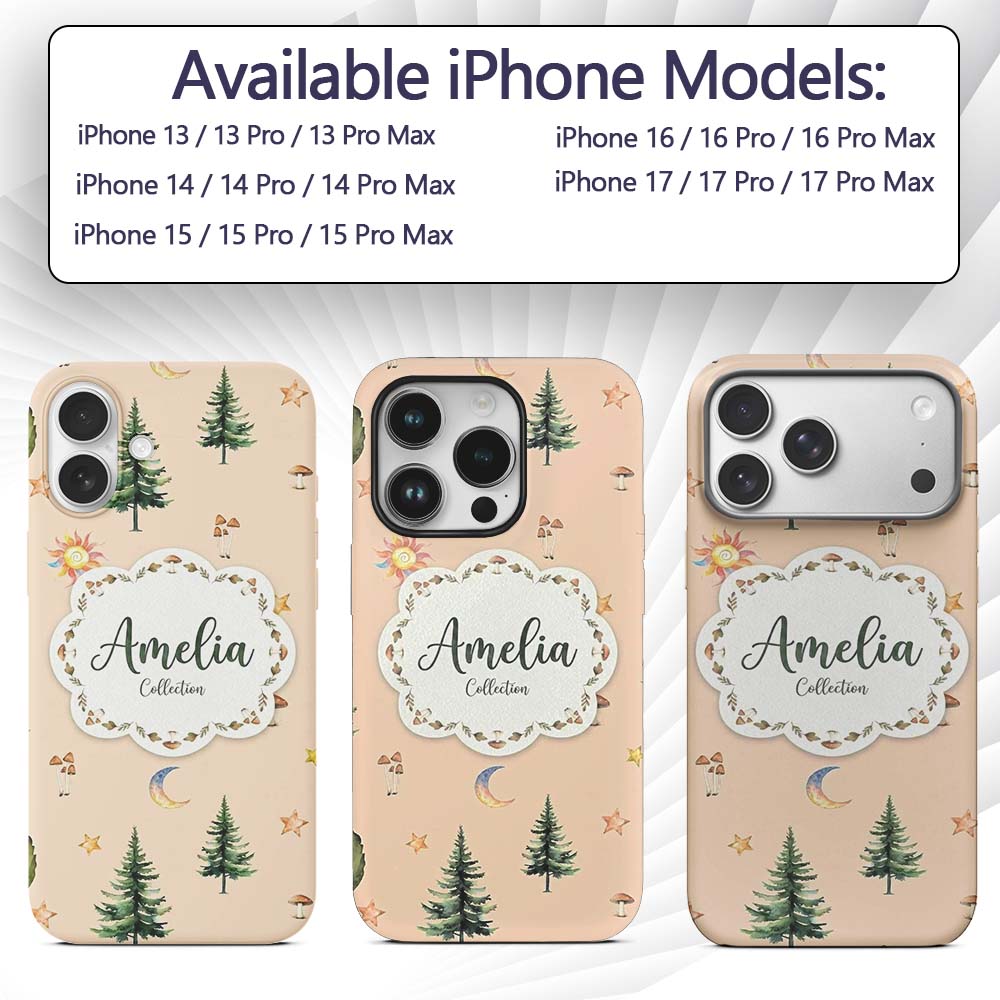 Watercolor Forest Trees Mushrooms Sun Moon Stars Custom Name Protective Phone Case Mobile Cover Durable Everyday Smartphone Shock Resistant