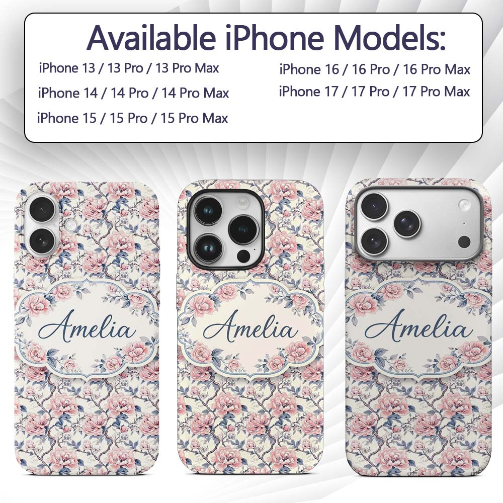 Vintage Pink Peony Floral Branch Seamless Pattern Custom Name Protective Phone Case Mobile Cover Durable Everyday Smartphone Shock Resistant