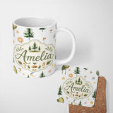 Personalized Custom Name Watercolor Forest Trees Mushrooms Sun Moon Stars on Light Grey 11oz Ceramic Coffee Tea Mug White Large Handle