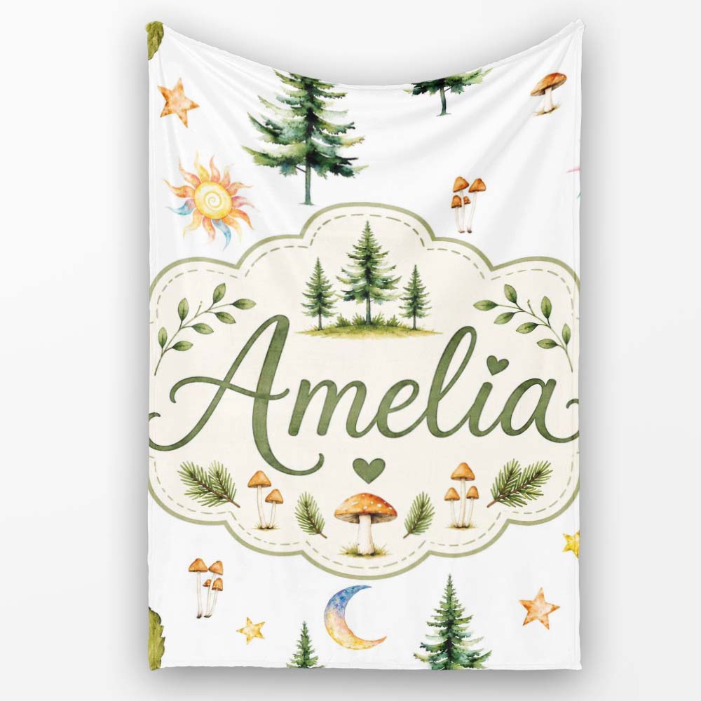 Watercolor Forest Trees Mushrooms Sun Moon Stars on Light Grey  Personalised Custom Name Super Soft Fleece Blanket Bed Sofa Throw