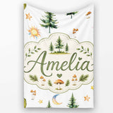 Watercolor Forest Trees Mushrooms Sun Moon Stars on Light Grey  Personalised Custom Name Super Soft Fleece Blanket Bed Sofa Throw