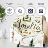 Watercolor Forest Trees Mushrooms Sun Moon Stars on Light Grey  Personalised Custom Name Super Soft Fleece Blanket Bed Sofa Throw