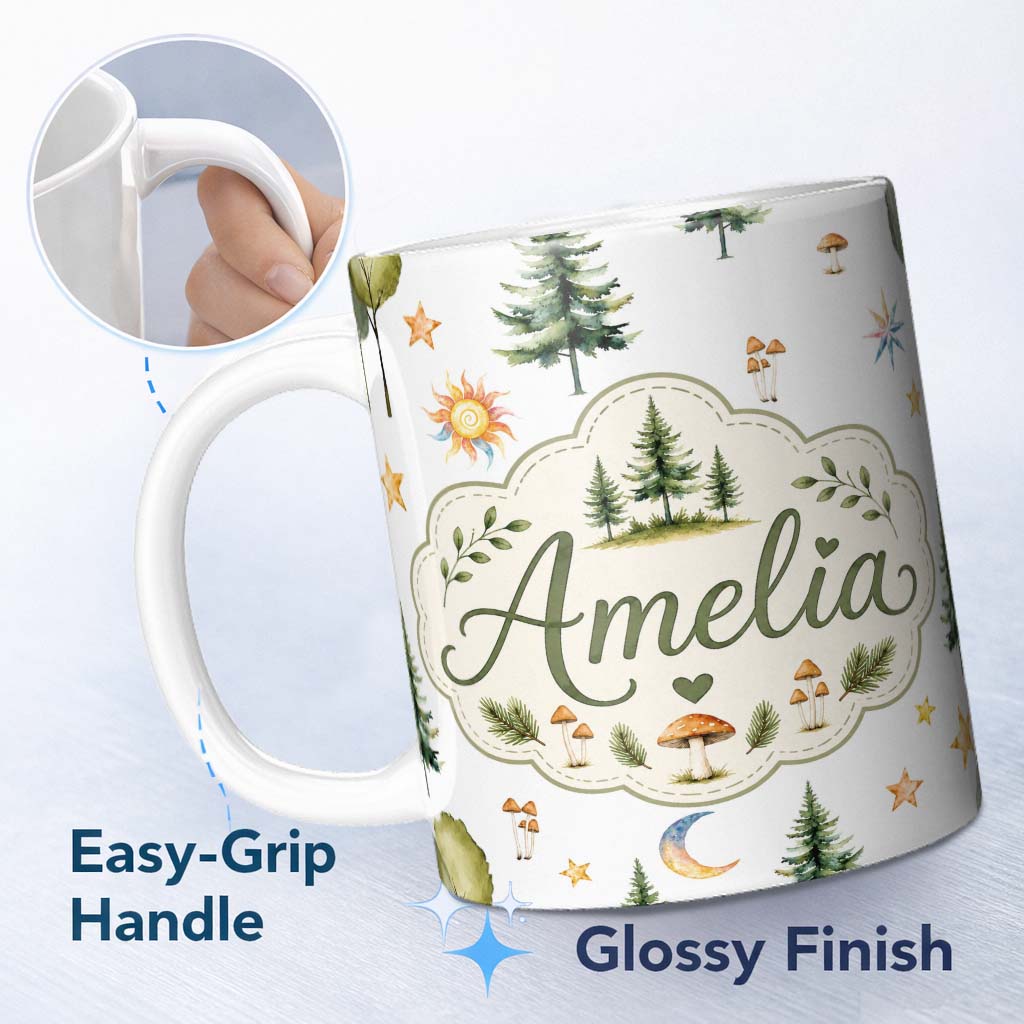Personalized Custom Name Watercolor Forest Trees Mushrooms Sun Moon Stars on Light Grey 11oz Ceramic Coffee Tea Mug White Large Handle