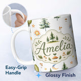 Personalized Custom Name Watercolor Forest Trees Mushrooms Sun Moon Stars on Light Grey 11oz Ceramic Coffee Tea Mug White Large Handle
