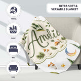 Watercolor Forest Trees Mushrooms Sun Moon Stars on Light Grey  Personalised Custom Name Super Soft Fleece Blanket Bed Sofa Throw