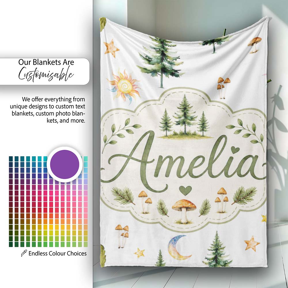 Watercolor Forest Trees Mushrooms Sun Moon Stars on Light Grey  Personalised Custom Name Super Soft Fleece Blanket Bed Sofa Throw