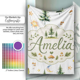 Watercolor Forest Trees Mushrooms Sun Moon Stars on Light Grey  Personalised Custom Name Super Soft Fleece Blanket Bed Sofa Throw