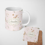 Personalized Custom Name Watercolor Cute Bunny Rabbits Butterflies Wildflowers Seamless 11oz Ceramic Coffee Tea Mug White Large Handle