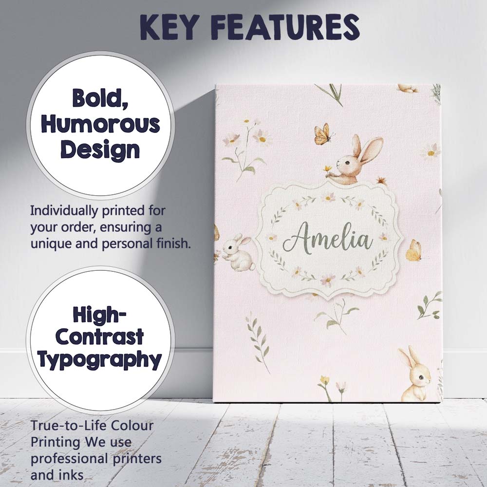 Personalised Name Watercolor Cute Bunny Custom  Modern Room Accent Elegant Feature Canvas Wall Art Print Decor Picture Ready to Hang