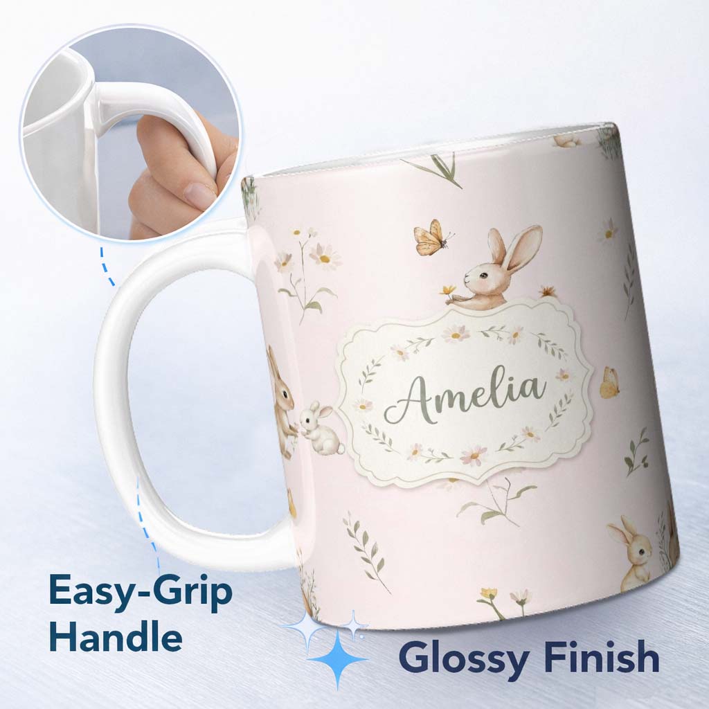 Personalized Custom Name Watercolor Cute Bunny Rabbits Butterflies Wildflowers Seamless 11oz Ceramic Coffee Tea Mug White Large Handle