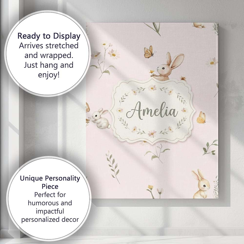 Personalised Name Watercolor Cute Bunny Custom  Modern Room Accent Elegant Feature Canvas Wall Art Print Decor Picture Ready to Hang
