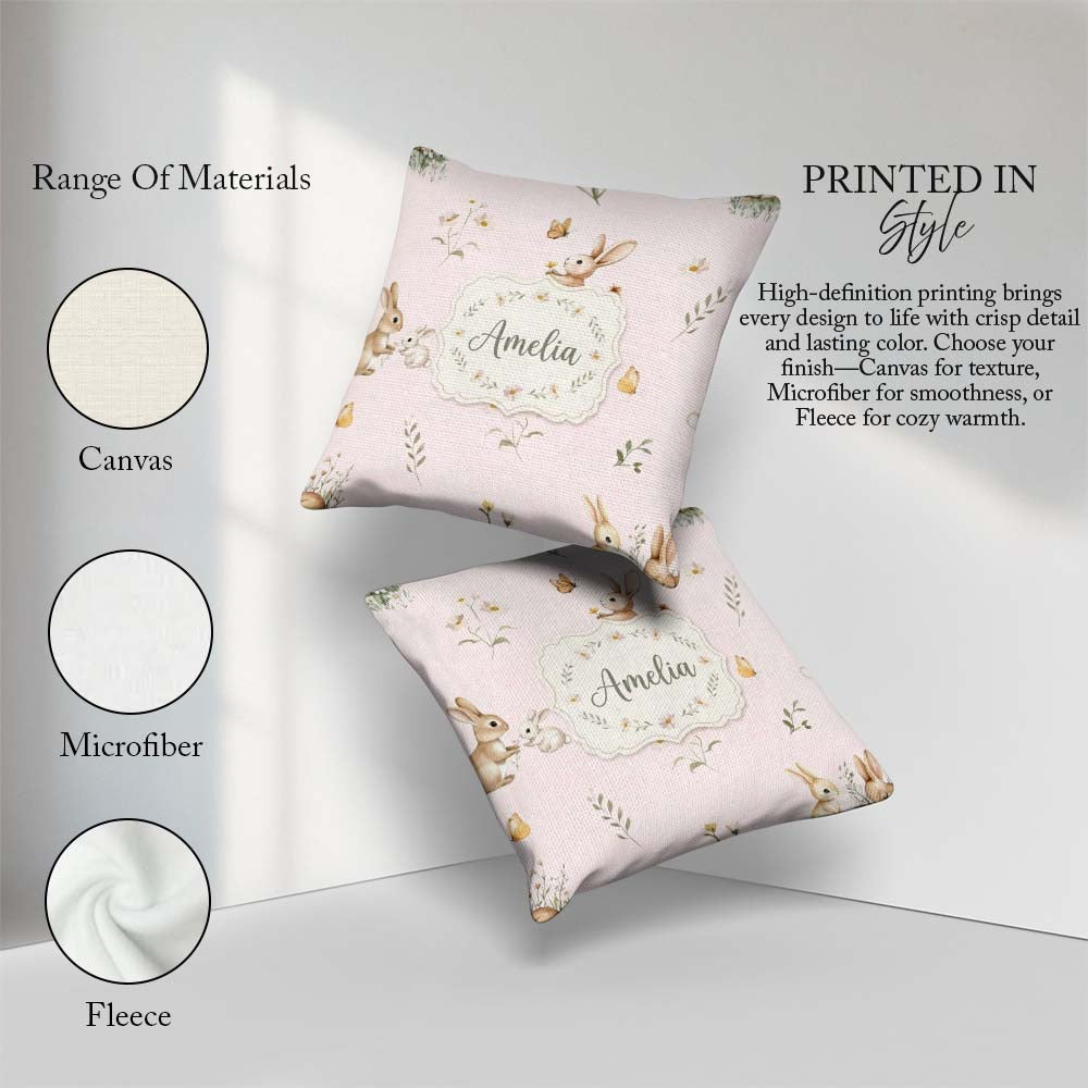 Custom Name Cute Bunny Rabbits Butterflies Wildflowers Seamless Square Filled Cushion Throw Pillow Sofa Bed Home Decor Zip Washable UK Made