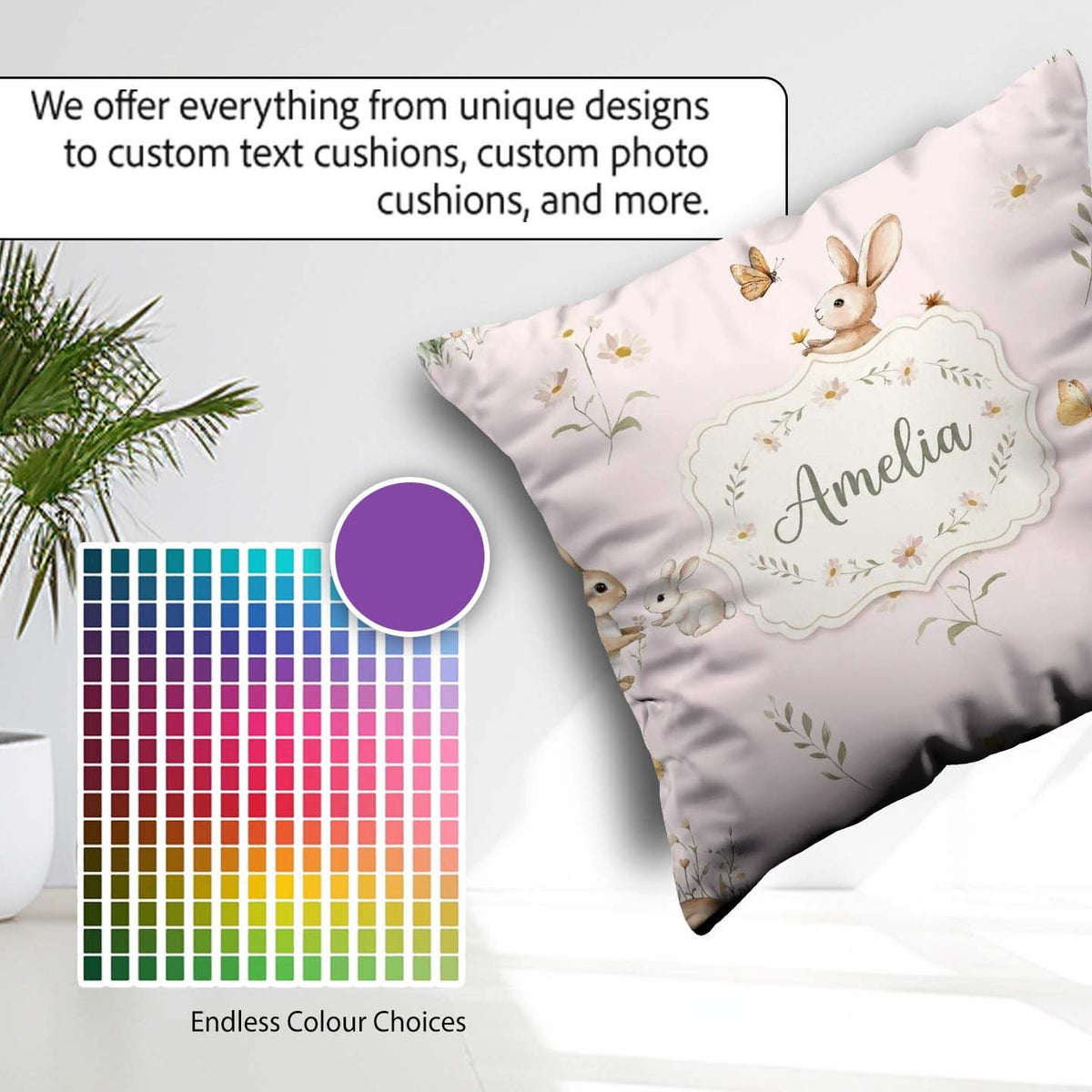 Custom Name Cute Bunny Rabbits Butterflies Wildflowers Seamless Square Filled Cushion Throw Pillow Sofa Bed Home Decor Zip Washable UK Made