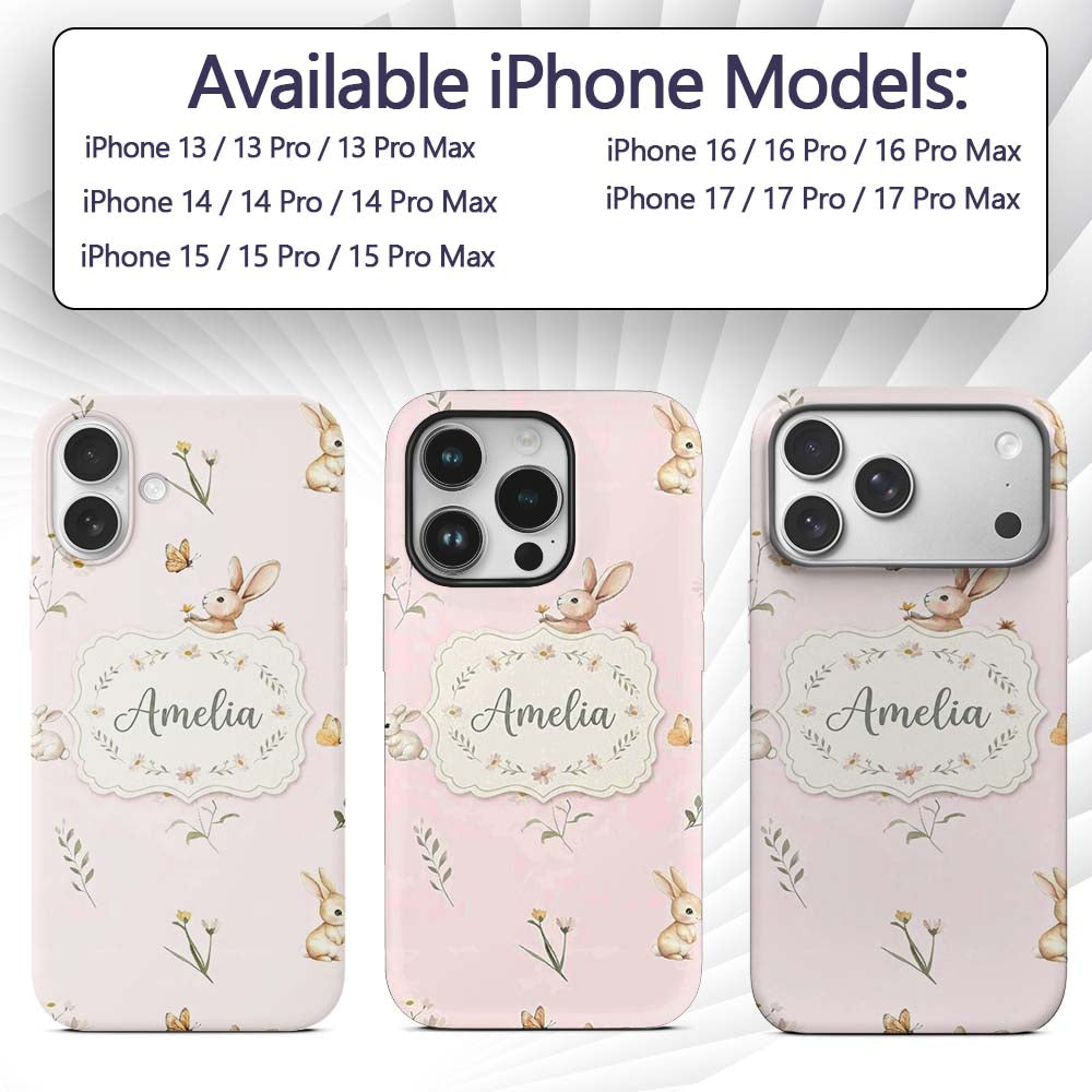 Watercolor Cute Bunny Rabbits Printed Design Custom Name Protective Phone Case Mobile Cover Durable Everyday Smartphone Shock Resistant