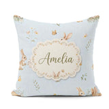 Custom Name Watercolor Bunny Butterflies Wildflowers on Sky Blue Square Filled Cushion Throw Pillow Sofa Bed Home Decor Zip Washable UK Made