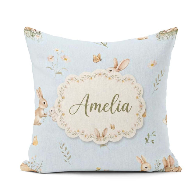 Custom Name Watercolor Bunny Butterflies Wildflowers on Sky Blue Square Filled Cushion Throw Pillow Sofa Bed Home Decor Zip Washable UK Made