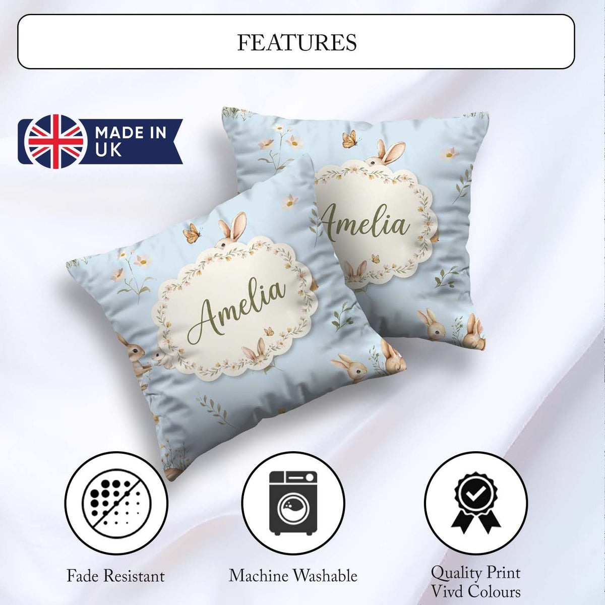 Custom Name Watercolor Bunny Butterflies Wildflowers on Sky Blue Square Filled Cushion Throw Pillow Sofa Bed Home Decor Zip Washable UK Made