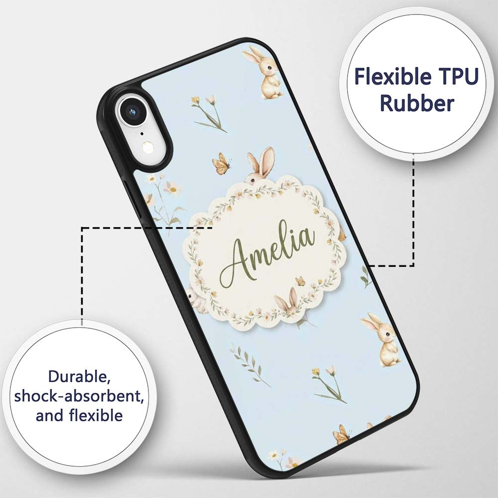 Watercolor Bunny Rabbits Butterflies Wildflowers Custom Name Protective Phone Case Mobile Cover Durable Everyday Smartphone Shock Resistant
