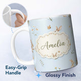 Personalized Custom Name Watercolor Bunny Rabbits Butterflies Wildflowers on Sky Blue 11oz Ceramic Coffee Tea Mug White Large Handle