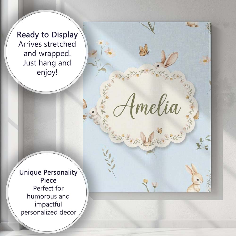 Personalised Name Watercolor Bunny Rabbits Custom  Unique Gift Idea Elegant Feature Canvas Wall Art Print Decor Picture Ready to Hang