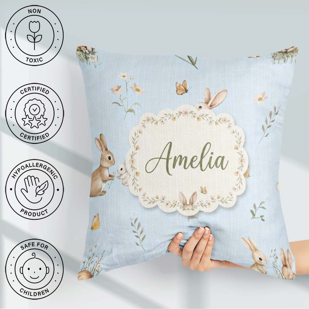 Custom Name Watercolor Bunny Butterflies Wildflowers on Sky Blue Square Filled Cushion Throw Pillow Sofa Bed Home Decor Zip Washable UK Made