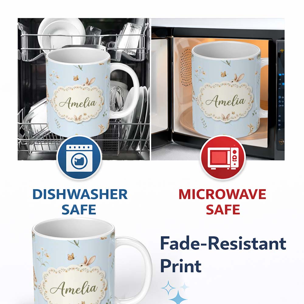 Personalized Custom Name Watercolor Bunny Rabbits Butterflies Wildflowers on Sky Blue 11oz Ceramic Coffee Tea Mug White Large Handle