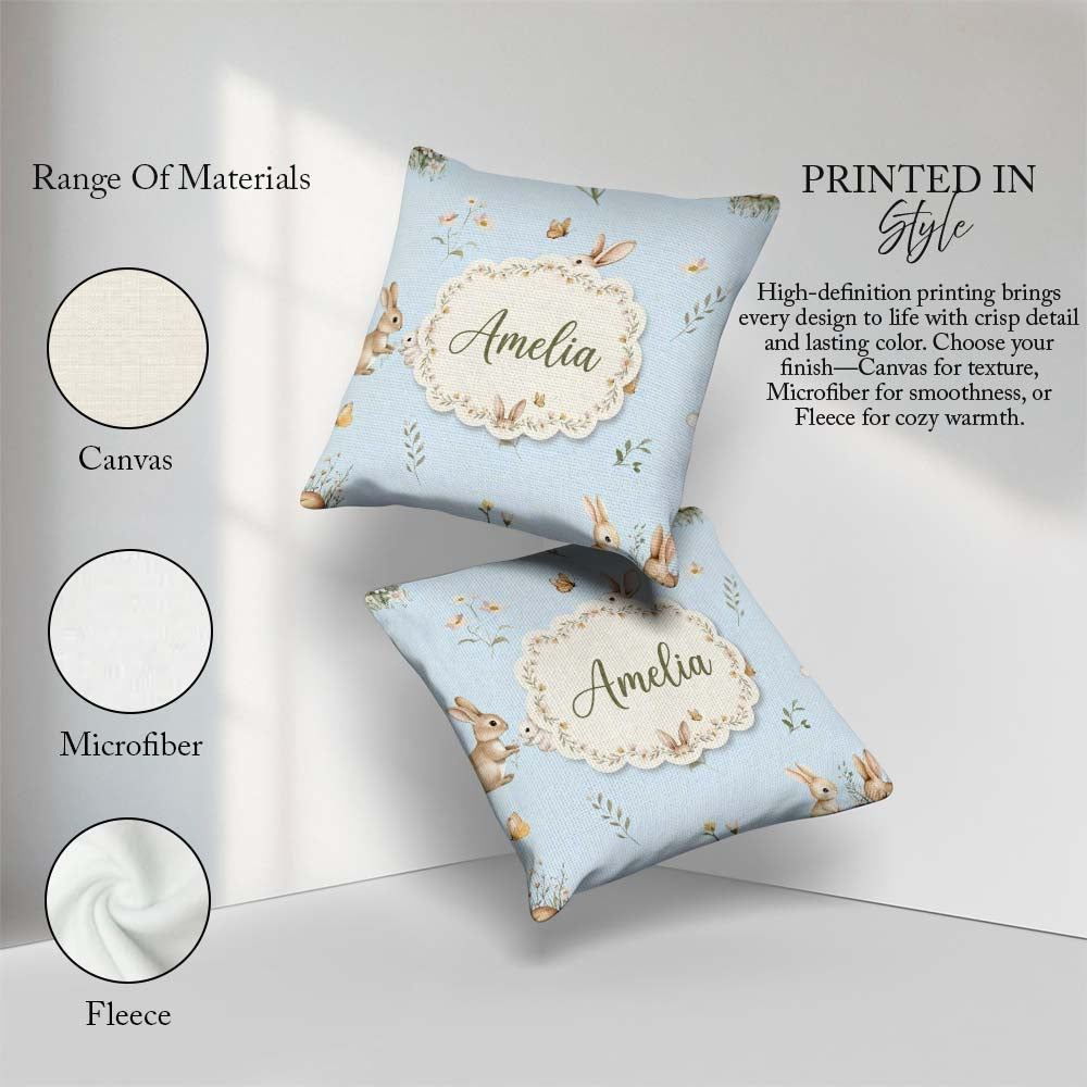 Custom Name Watercolor Bunny Butterflies Wildflowers on Sky Blue Square Filled Cushion Throw Pillow Sofa Bed Home Decor Zip Washable UK Made