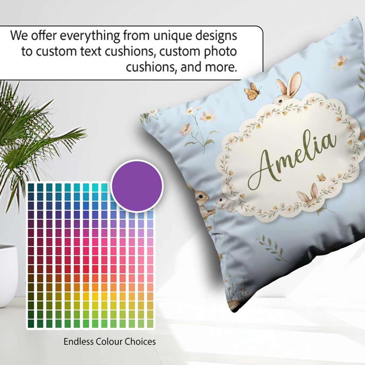 Custom Name Watercolor Bunny Butterflies Wildflowers on Sky Blue Square Filled Cushion Throw Pillow Sofa Bed Home Decor Zip Washable UK Made