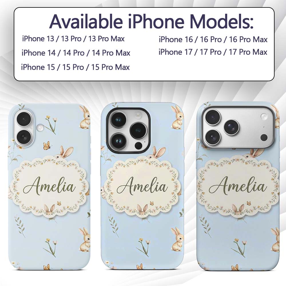 Watercolor Bunny Rabbits Butterflies Wildflowers Custom Name Protective Phone Case Mobile Cover Durable Everyday Smartphone Shock Resistant